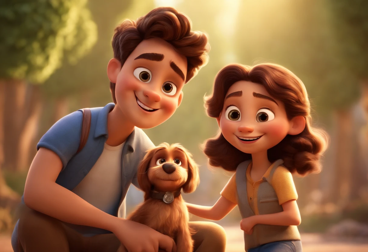 Create a Pixar-style drawing of a family with a father, mami, a three-year-old son, uma filha menina de um ano e uma cachorrinha shih-tzu de cor marrom.