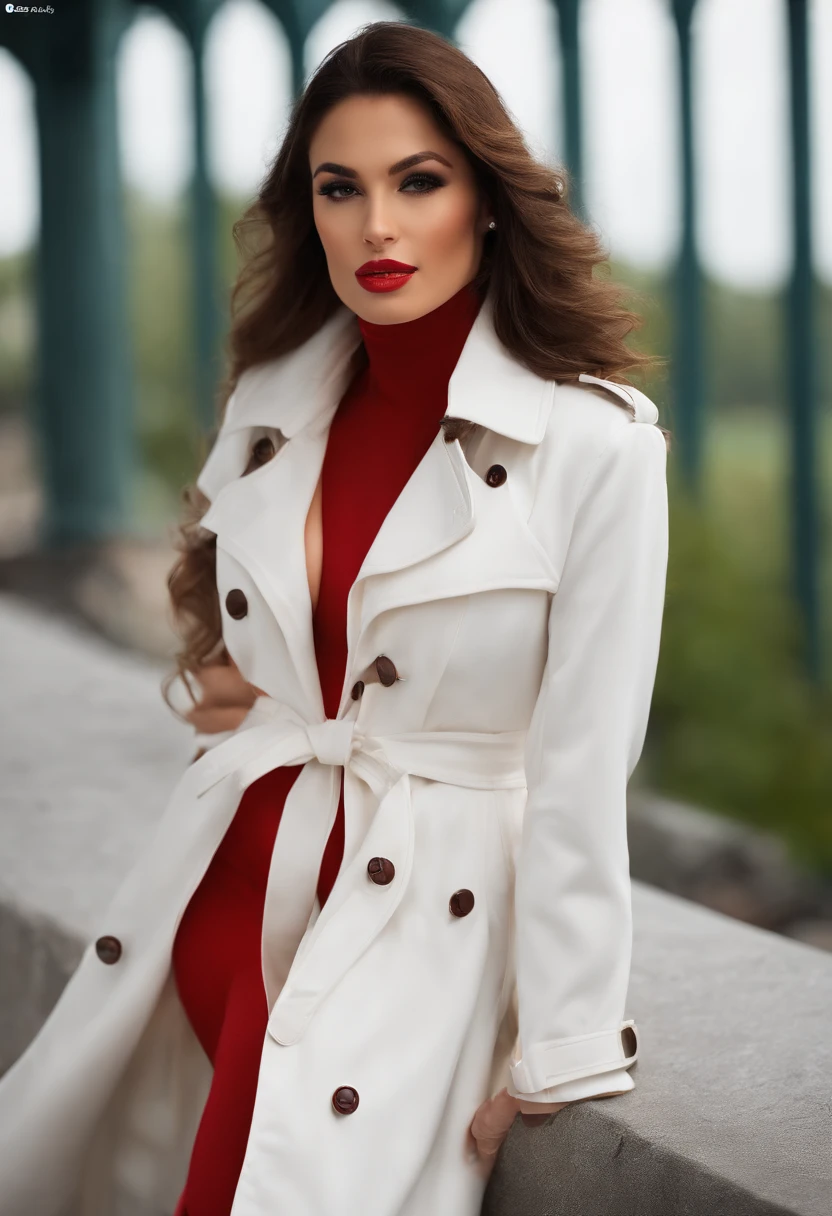 wallpaper hd,(((An Alafi model woman wearing a long white trench coat and red tights underneath poses for a photo))), , Long white coat,Slender and fair thighs:1.3,(((Plump breasts))),black heels, warm color clothes, (((Realistic detail expressions:1.3))),Sony SLR lens,Master masterpieces,Shoot at medium distance,电影灯光,hyper qualit