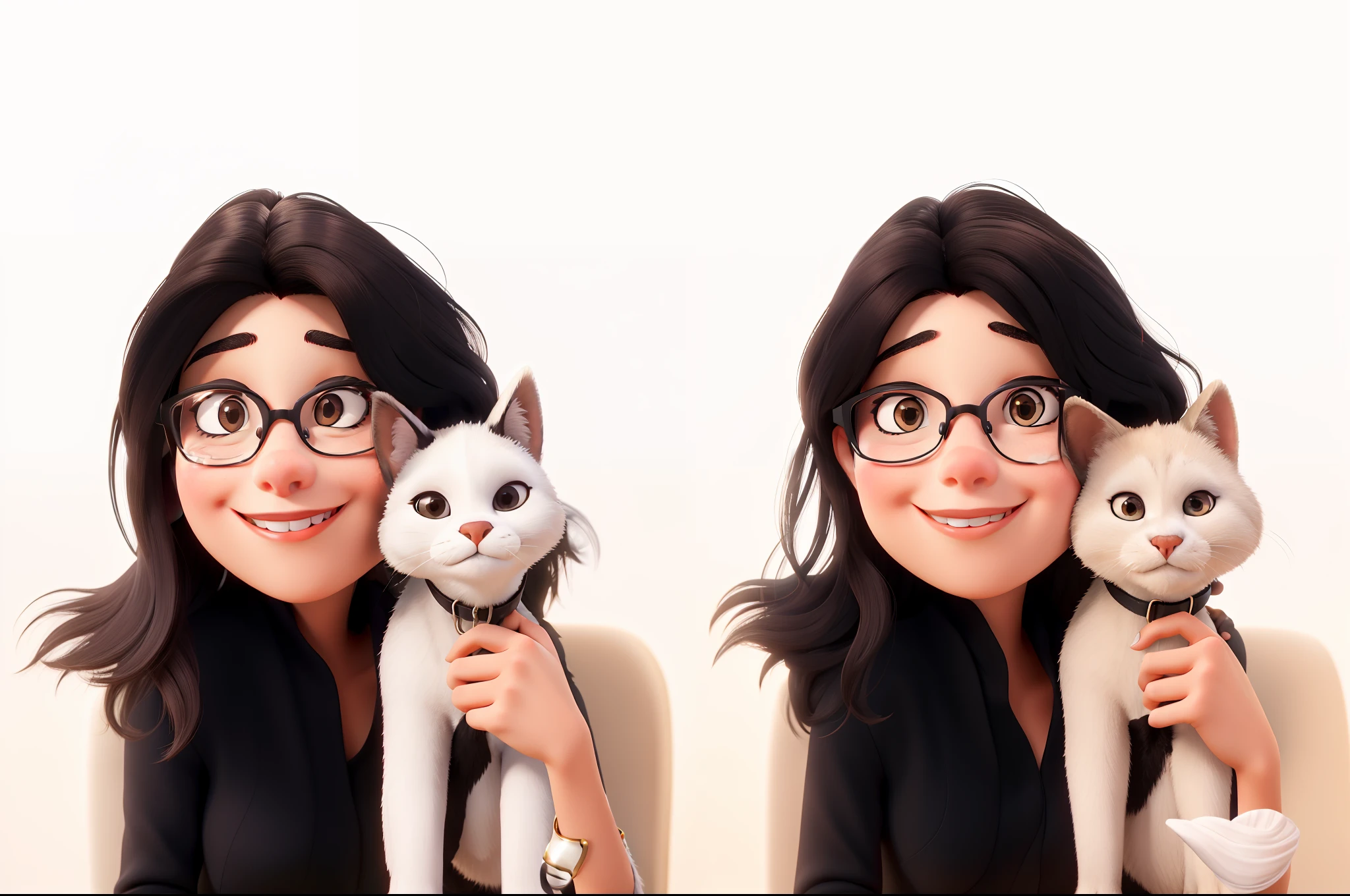 Young woman with glasses and dark brown eyes,Black hair grabbing a mertiça Siamese babe of black color,cinza e branco