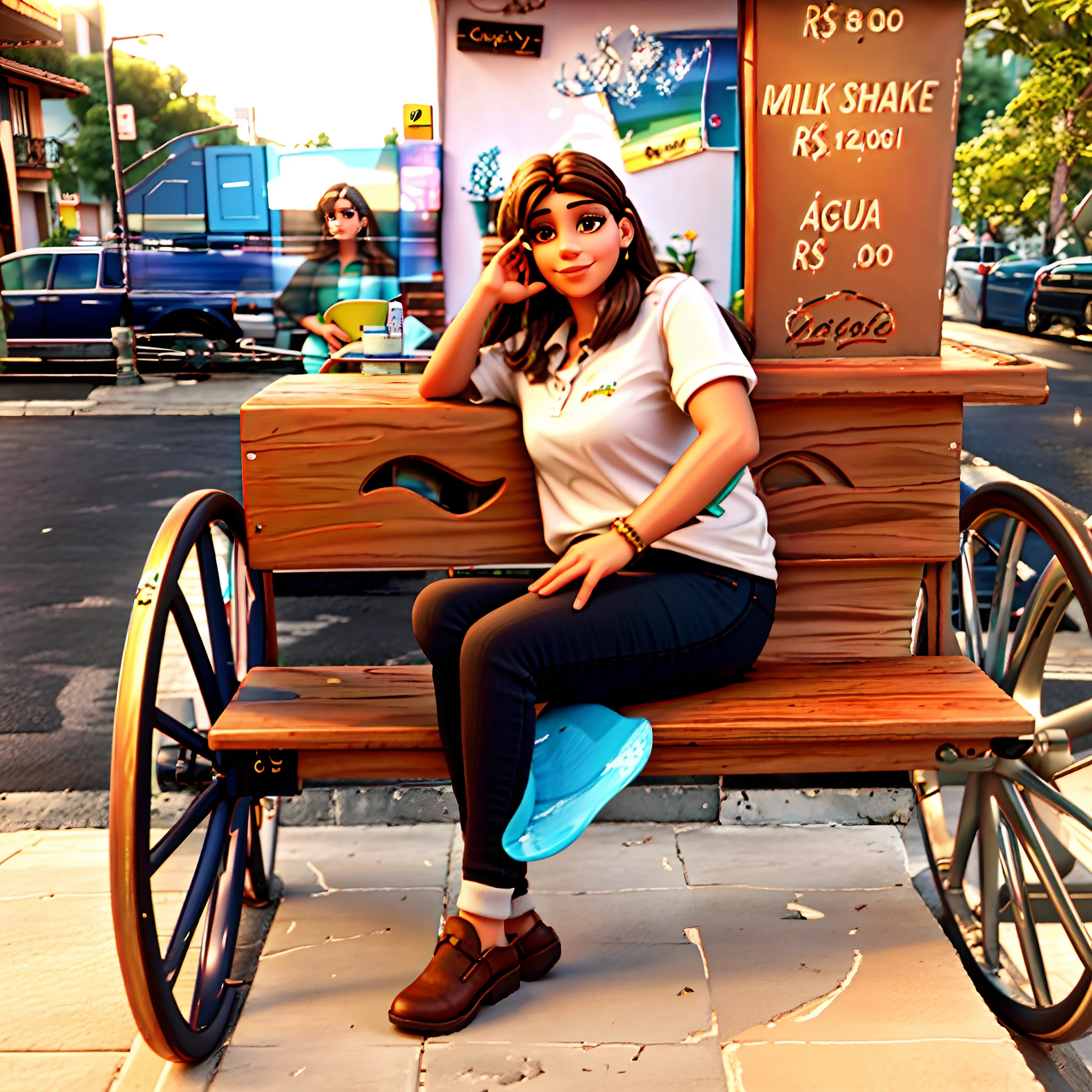 Beautiful Brazilian woman sitting outside on the side of the street in a small café, beautiful face, Shoulder-length brown hair with brown eyes and heavy eyeshadow, wearing black pants and shirt, grande estilo de moda, looking at you with loving eyes and a soft smile.