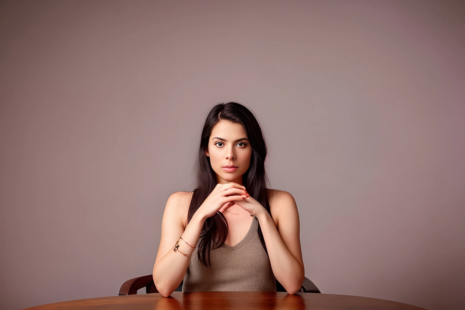 There's a woman sitting at a table with her hands on her chin, Christina Kritikou, sentado em uma mesa cor de mocha, Sara Ali, Malika Favre, Lindsay Adler, imagem retrato, Mina Petrovic, Karla Ortiz, Marischa Becker, fernanda suarez, Nika Maisuradze, julia fuentes, julia sarda, yael shelbia