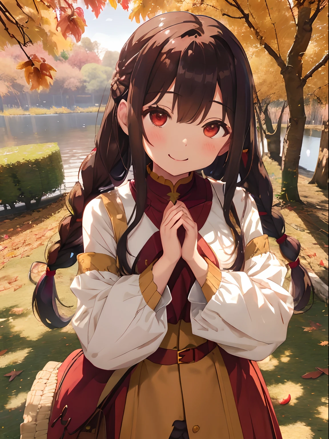 fluffy long hair,No bangs,Braids,Autumn outfit,The sleeves of the clothes are a little long,Chest wide open,Moe Sleeve,Lots of nature around the lakeside,The tree々Autumn leaves in autumn,Fruit Accessories(Grapes,muscat),Upper Eyes,Leaning forward、Take a prayer pose,red tide,delighted expression,