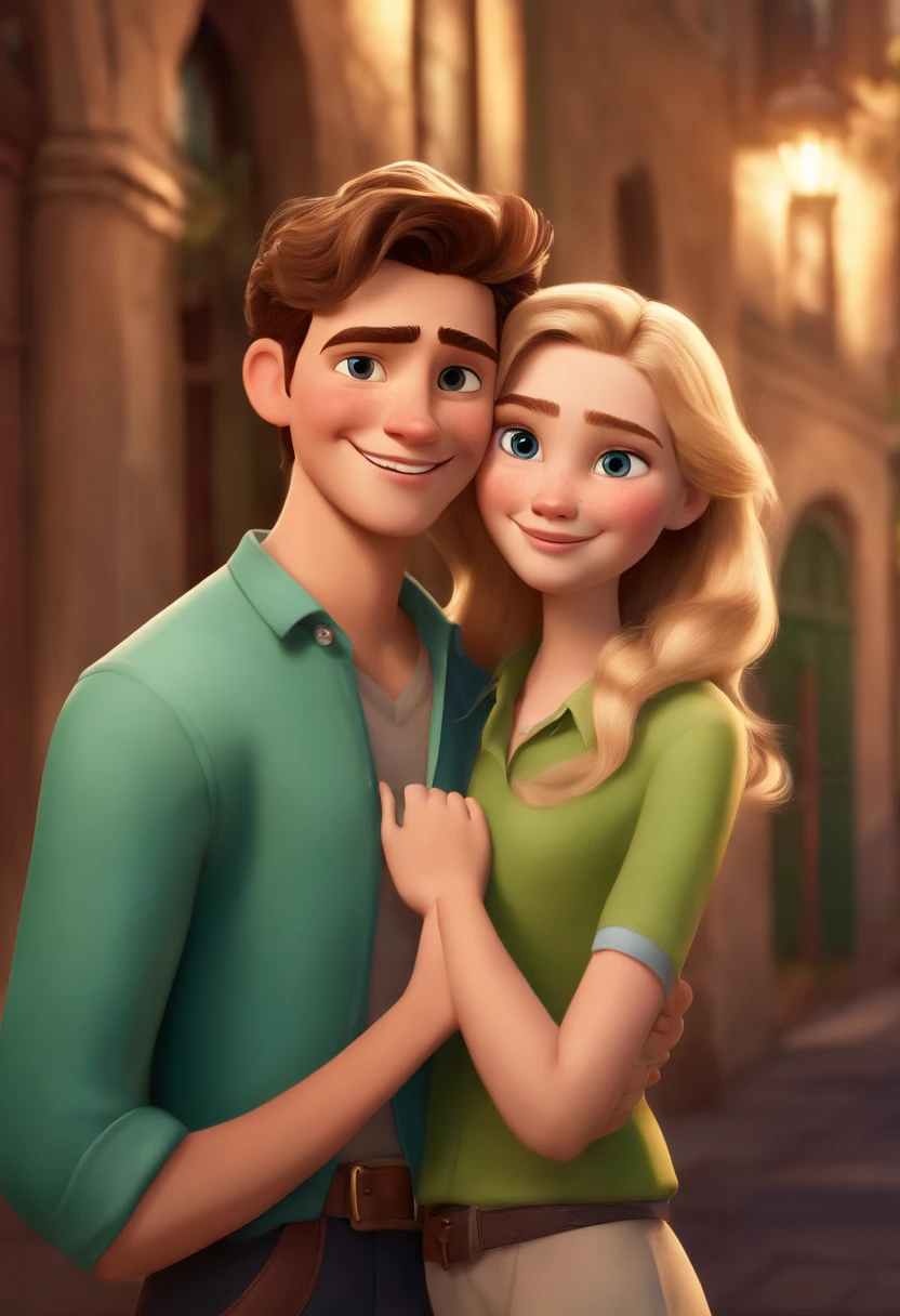 image of two , a girl with brown eyes, green blouse, long slightly blonde hair, smiling, along with a boy with blue eyes, short brown hair, white blouse. pixar style