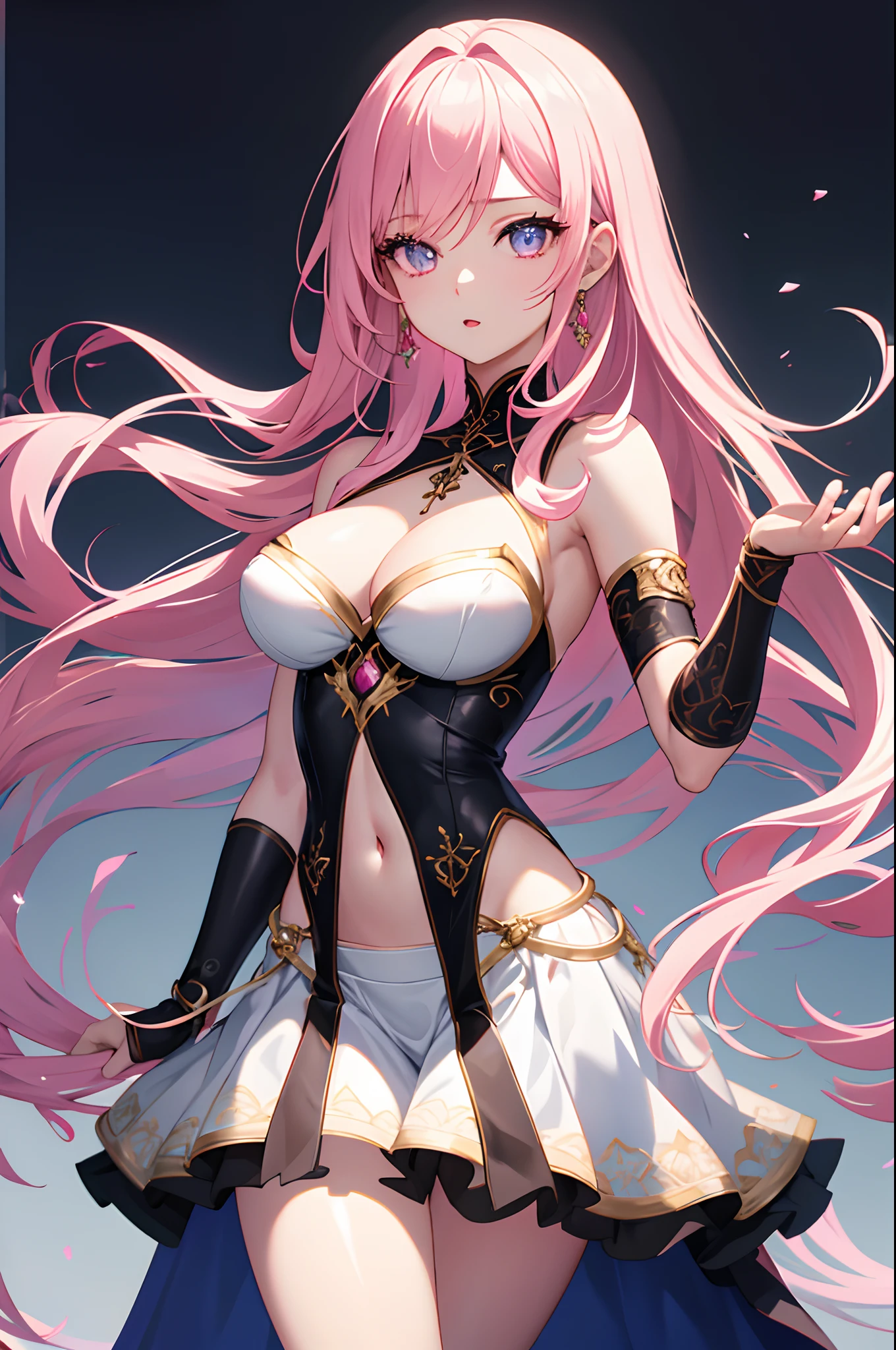 1girl, anime, cute girl, blank background, white background, fantasy, detailed dark fantasy dress with highlights, beautiful face, beautiful eyes, dark colors, long pink hair, medium breasts, slight cleavage, beautiful skin, cute, breast curtains, extremely delicate and beautiful, (beautiful detailed face:1.0), (detailed deep eyes), symmetrical breasts, deep eyes, shiny skin, portrait, slender waist, hips wider than shoulders, thighs, young girl, expressionless