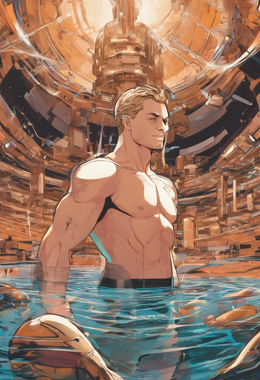 night,Japanese hot springs,muscle,alone, a young man,beard,Blonde,Long Hair,Taking a bath in a hot spring,A shy smile