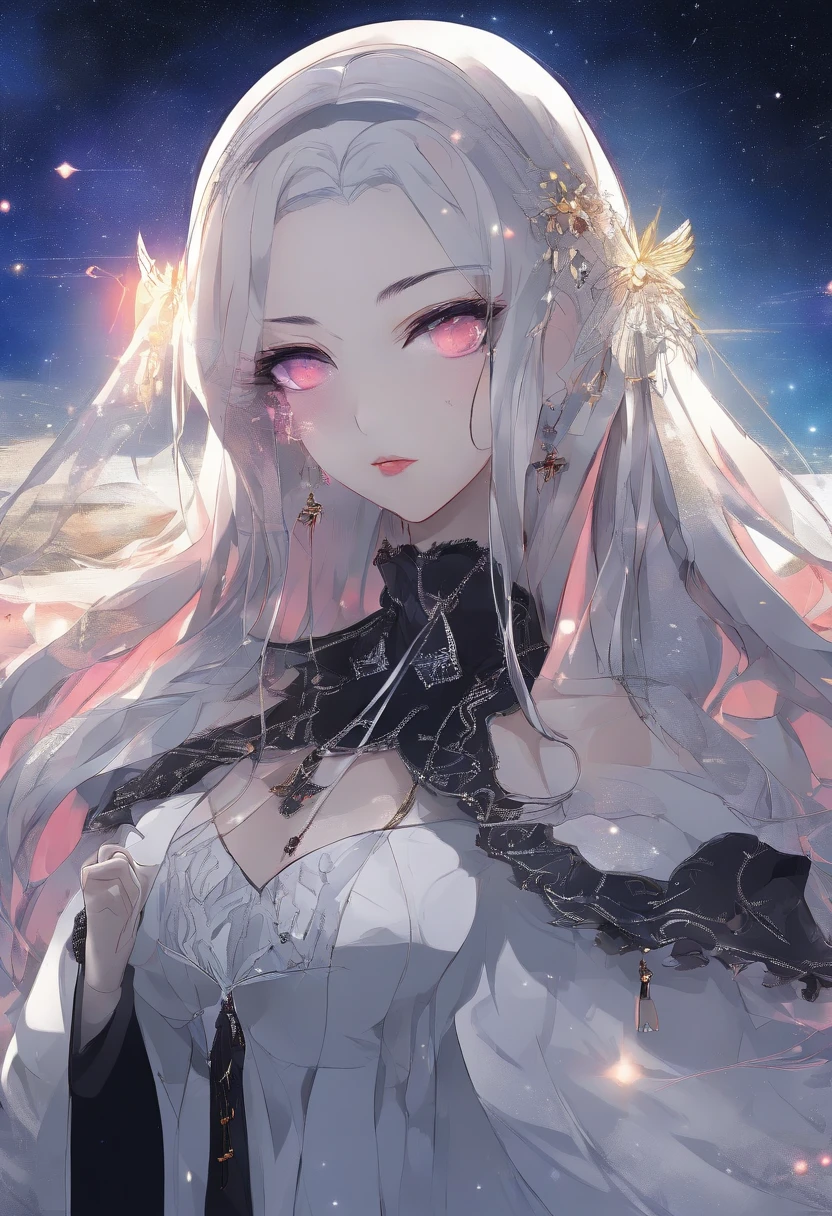 a picture of an exquisite beautiful female (nun: 1.3) (vampire: 1.5) standing under the starry night sky as she slowly reaches out trying to grasp the stars, full body, an astral elf (ultra detailed, Masterpiece, best quality), ultra detailed face (ultra detailed, Masterpiece, best quality), ultra feminine, (pale skin: 1.3), dark blue hair, wavy hair, dynamic eyes color yellow, cold eyes, glowing eyes, intense eyes, wearing a black very ruffle dress and puffle sleeves and a skirt thats short in the front and has a long train behind it with golden accents (ultra detailed, Masterpiece, best quality), wearing black boots to her ankles(ultra detailed, Masterpiece, best quality), long cloak, flowing cloak (ultra detailed, Masterpiece, best quality), sky full of stars background, moon, high details, best quality, 8k, [ultra detailed], masterpiece, best quality, (ultra detailed), full body, ultra wide shot, photorealism, dark fantasy art, dark fantasy art, gothic art, many stars, dark fantasy art, gothic art, sense of dread, bloodmagic