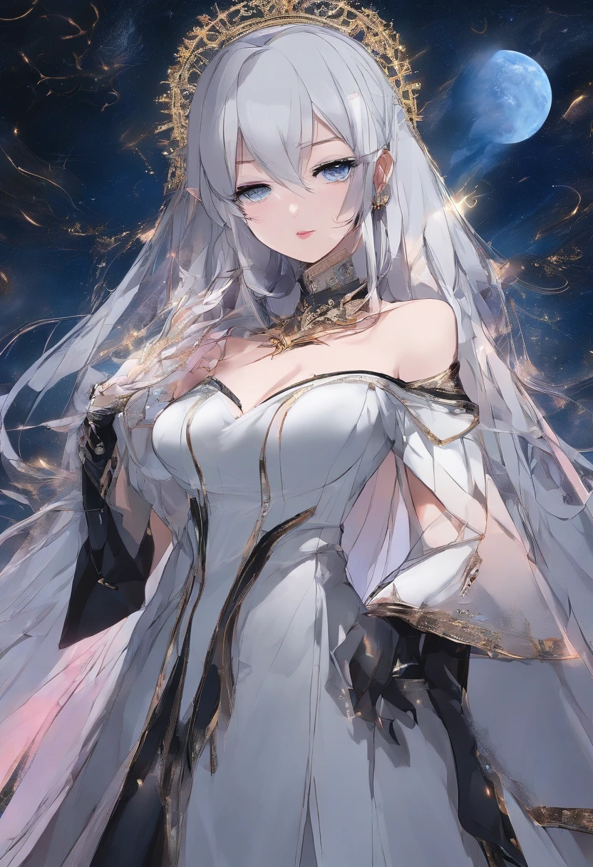 a picture of an exquisite beautiful female (nun: 1.3) (vampire: 1.5) standing under the starry night sky as she slowly reaches out trying to grasp the stars, full body, an astral elf (ultra detailed, Masterpiece, best quality), ultra detailed face (ultra detailed, Masterpiece, best quality), ultra feminine, (pale skin: 1.3), dark blue hair, wavy hair, dynamic eyes color yellow, cold eyes, glowing eyes, intense eyes, wearing a black very ruffle dress and puffle sleeves and a skirt thats short in the front and has a long train behind it with golden accents (ultra detailed, Masterpiece, best quality), wearing black boots to her ankles(ultra detailed, Masterpiece, best quality), long cloak, flowing cloak (ultra detailed, Masterpiece, best quality), sky full of stars background, moon, high details, best quality, 8k, [ultra detailed], masterpiece, best quality, (ultra detailed), full body, ultra wide shot, photorealism, dark fantasy art, dark fantasy art, gothic art, many stars, dark fantasy art, gothic art, sense of dread, bloodmagic