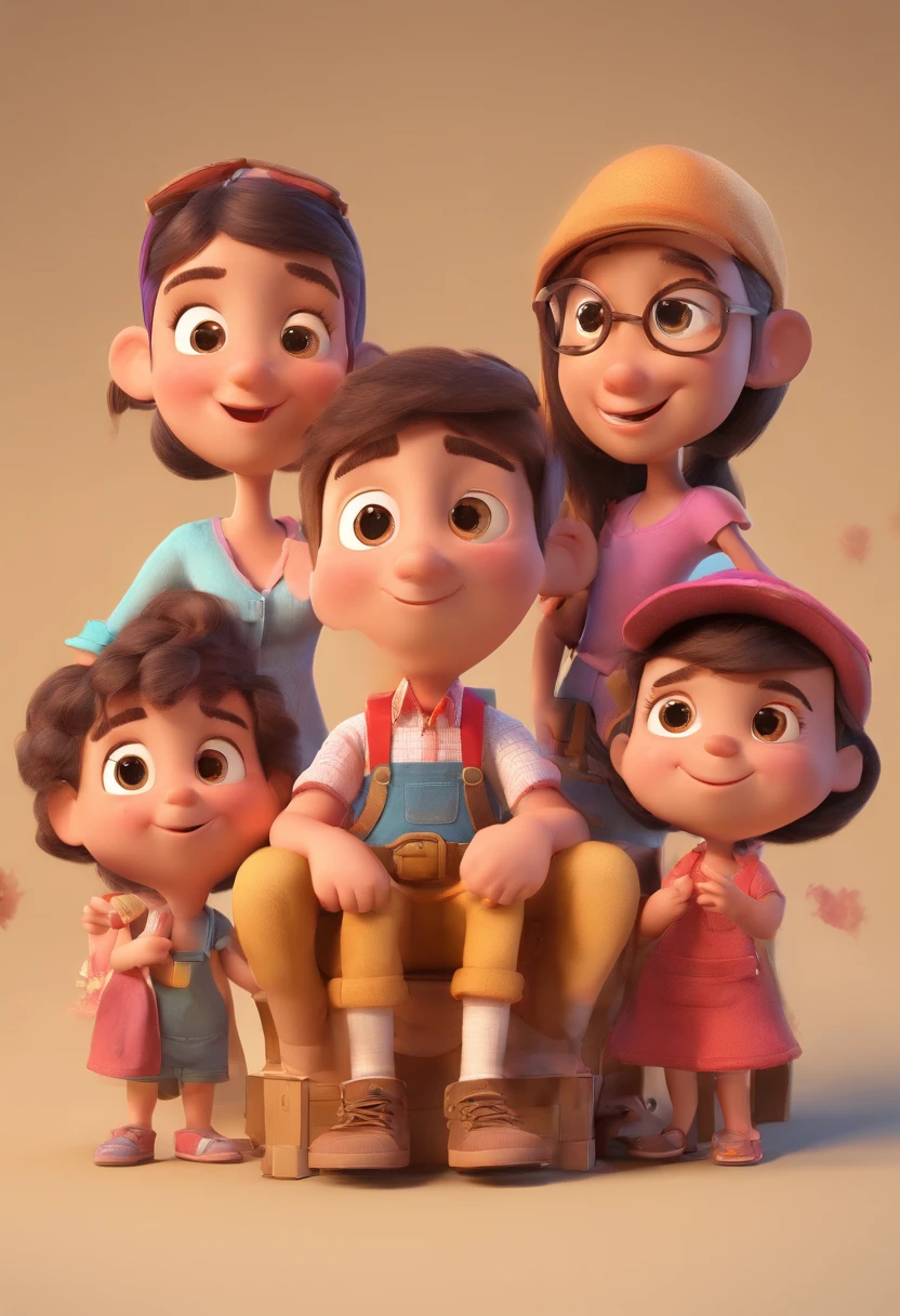 Estilo Pixar: Familia, Um pai, A mother and two girls. Uma menino de 6 anos e outro de 2 anos . Uma fazenda com vacas lindas e marrom .