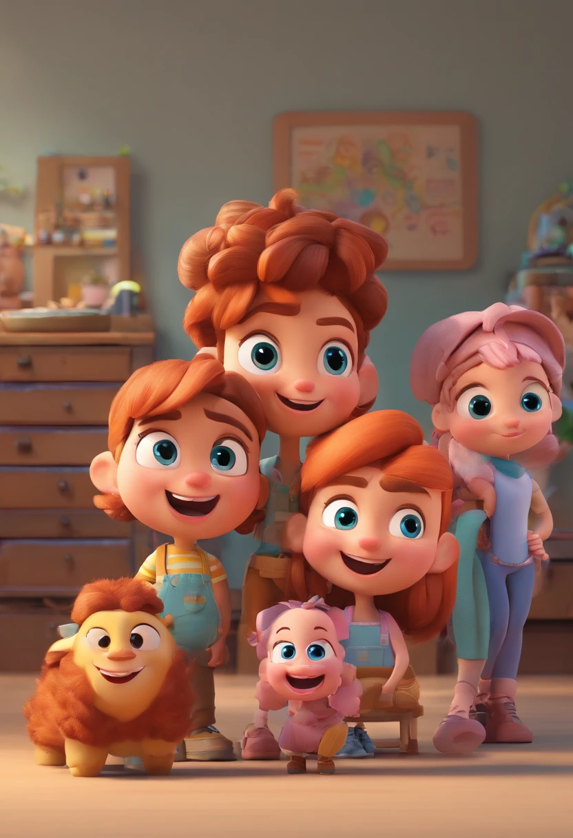 Estilo Pixar: Familia, Um pai, A mother and two girls. Uma menino de 6 anos e outro de 2 anos . Uma fazenda com vacas lindas e marrom .