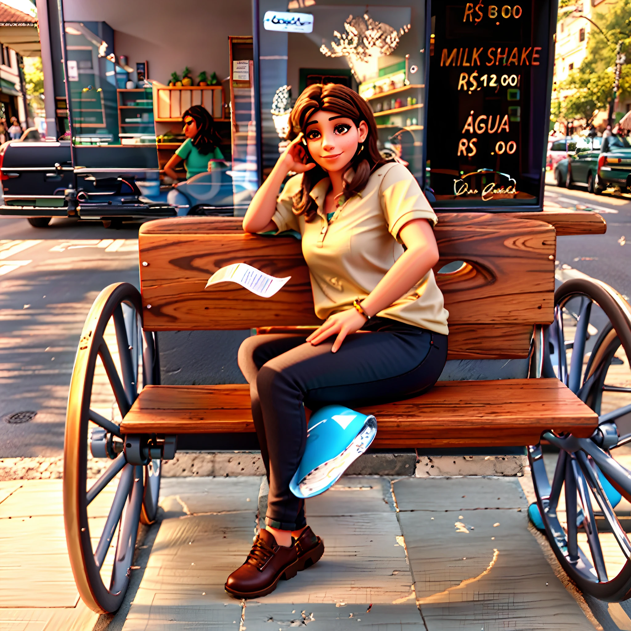 Beautiful Brazilian woman sitting outside on the side of the street in a small café, beautiful face, Shoulder-length brown hair with brown eyes and heavy eyeshadow, wearing black pants and shirt, grande estilo de moda, looking at you with loving eyes and a soft smile.