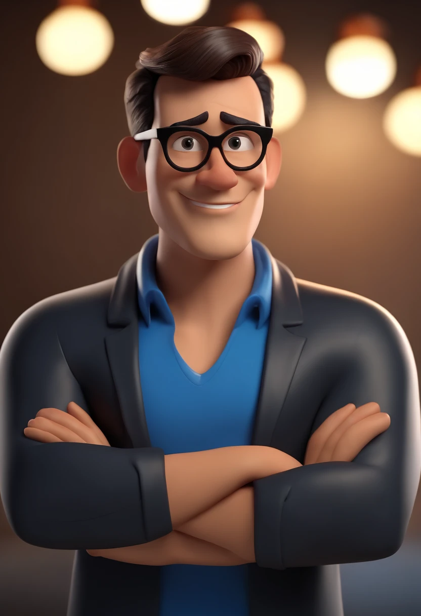 Cartoon character of a man wearing black glasses and a blue shirt, um personagem animado, Caractere estilizado, animation style rendering, 3D estilizado, Arnold Maya render, 3 d render stylized, toon render keyshot, Personagem 3D, Personagem 3D, 3d rendering stylized, 3 d character render, personagem de desenho animado, Personagem de close up, Pose de personagem, (Estilo Pixar) (master part:1.2) (Bokeh) (best quality) (pele detalhada) (textura detalhada) (8k) (argila) (Cinematic lighting) (foco nítido,Senta e vaza a parte superior do corpo