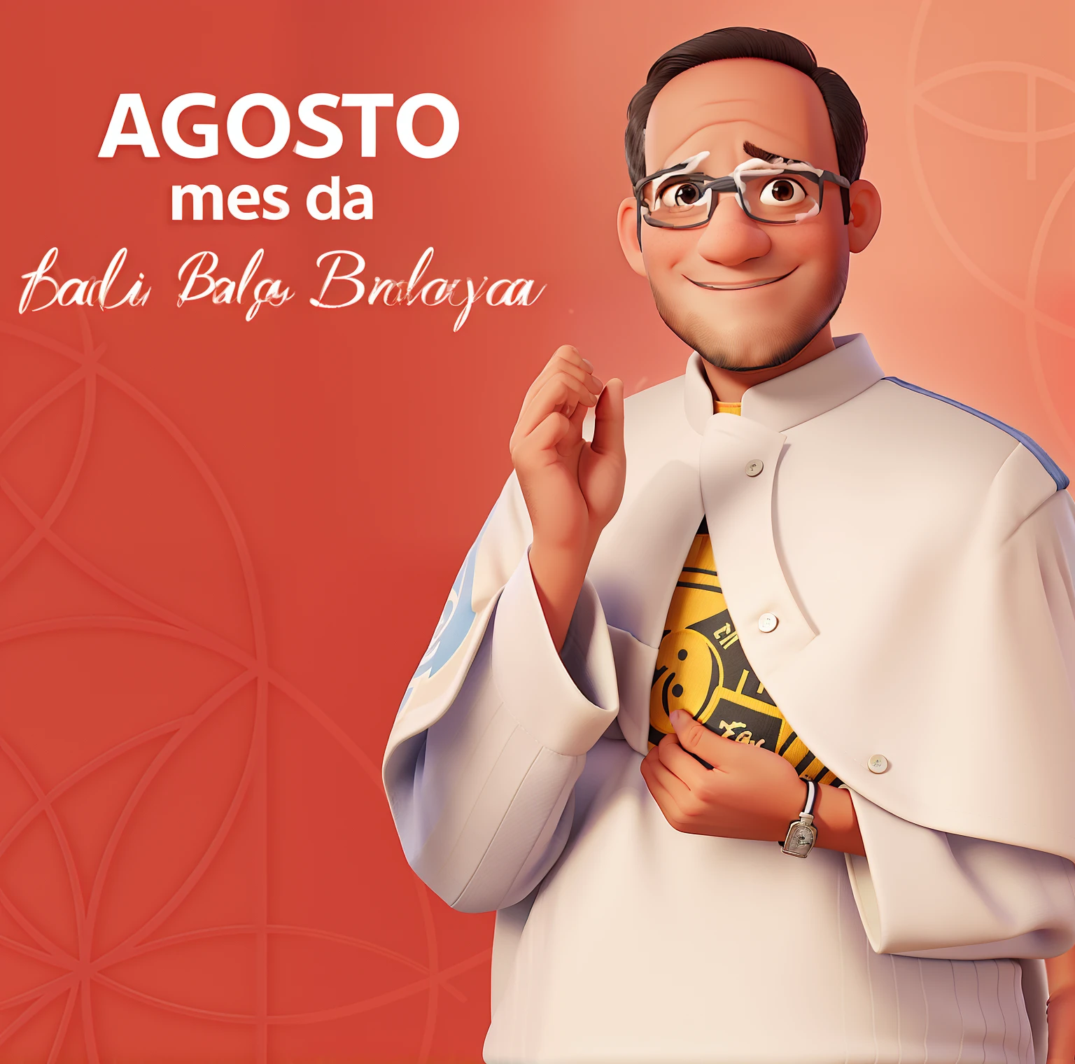 Um padre com vestes brancas, com pano de fundo aniversario, baloes de 10 anos, escrito Saude e Paz