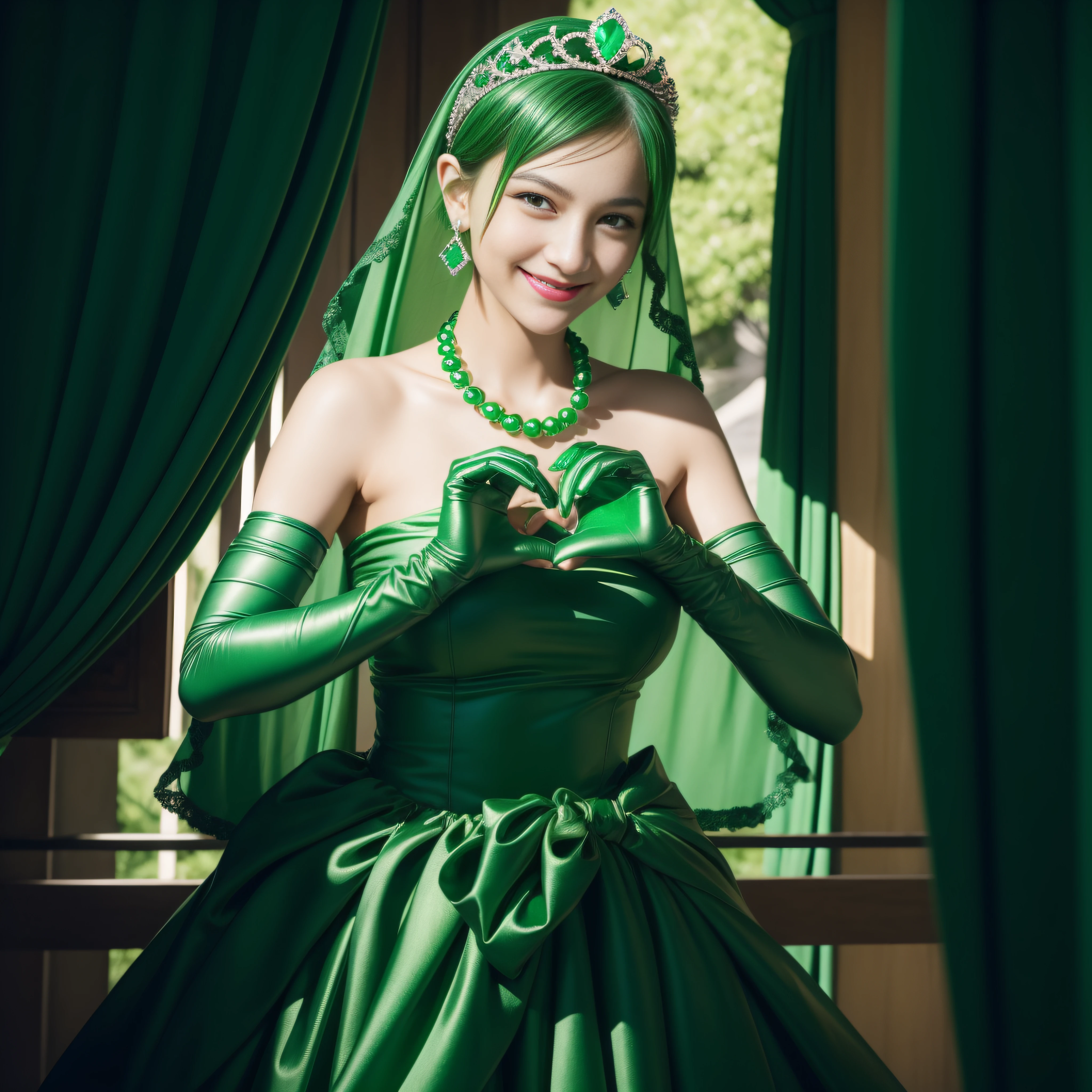 emerald tiara, Green Pearl Necklace, Boyish very short green hair, lipsticks, Japan woman smiling, very short short hair, big breasts beautiful, Green eyes, Long green gloves made of satin material, Green eyes, Emerald Earrings, green vale, Heart with both hands