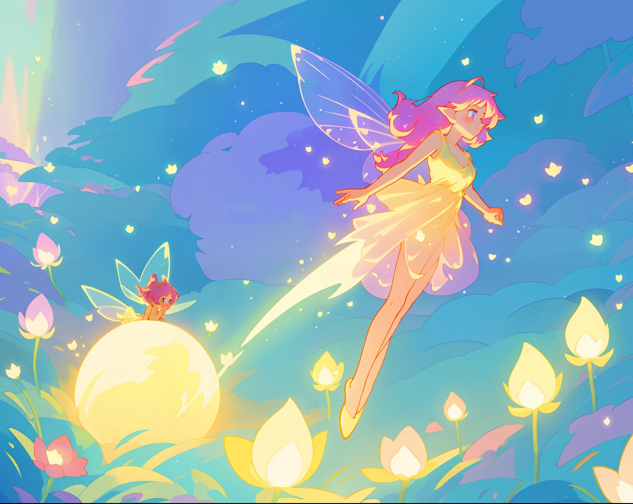 beautiful fairy girl in golden flowing dress, fairy dress, (huge sparkling purple pink fairy wings), fairy queen, ((magical colorful otherworldly landscape)), ((gold fairy flowers)), glowing balls of light, flowers made of light, meadow filled with glowing golden flowers, (glowing fairy wings), glowing flowing ballgown, long pink hair, sparkling fairy wings, watercolor illustration, flowers and colorful plants, disney art style, glowing aura around her, glowing lights, beautiful digital illustration, fantasia otherworldly landscape plants flowers, beautiful, masterpiece, best quality, anime disney style