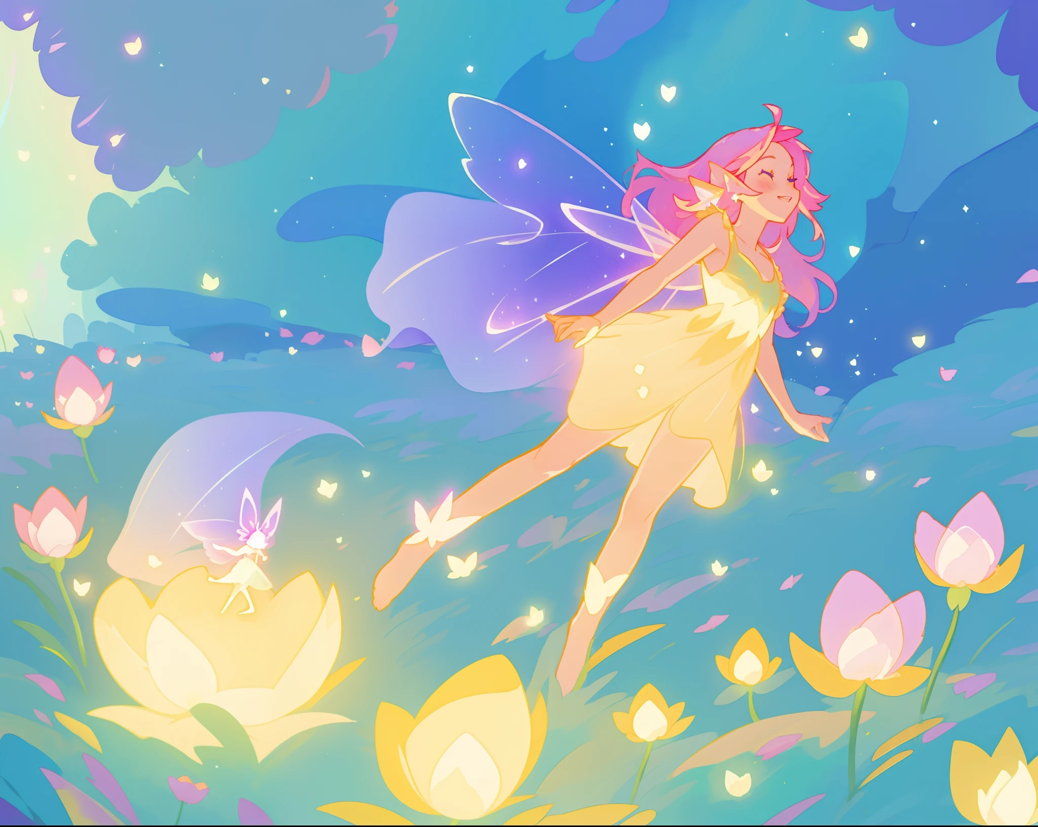 beautiful fairy girl in golden flowing dress, fairy dress, (huge sparkling purple pink fairy wings), fairy queen, ((magical colorful otherworldly landscape)), ((gold fairy flowers)), glowing balls of light, flowers made of light, meadow filled with glowing golden flowers, (glowing fairy wings), glowing flowing ballgown, long pink hair, sparkling fairy wings, watercolor illustration, flowers and colorful plants, disney art style, glowing aura around her, glowing lights, beautiful digital illustration, fantasia otherworldly landscape plants flowers, beautiful, masterpiece, best quality, anime disney style