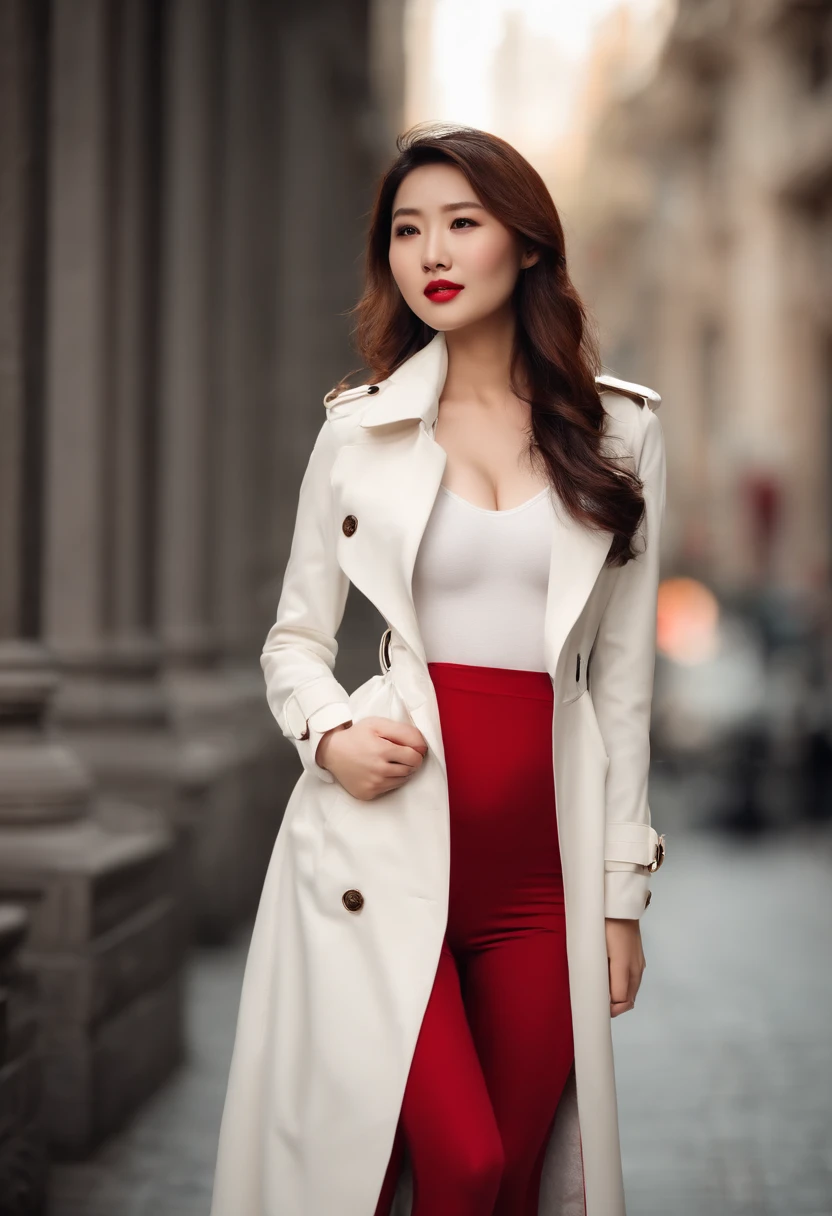 wallpaper hd,(((A Chinese 25-year-old model woman wearing a long white trench coat and red tights,posed for photo))), , Long white coat,Slender and fair thighs:1.3,(((Plump breasts))),black heels, warm color clothes, (((Realistic detail expressions:1.3))),Sony SLR lens,Master masterpieces,Shoot at medium distance,电影灯光,hyper qualit