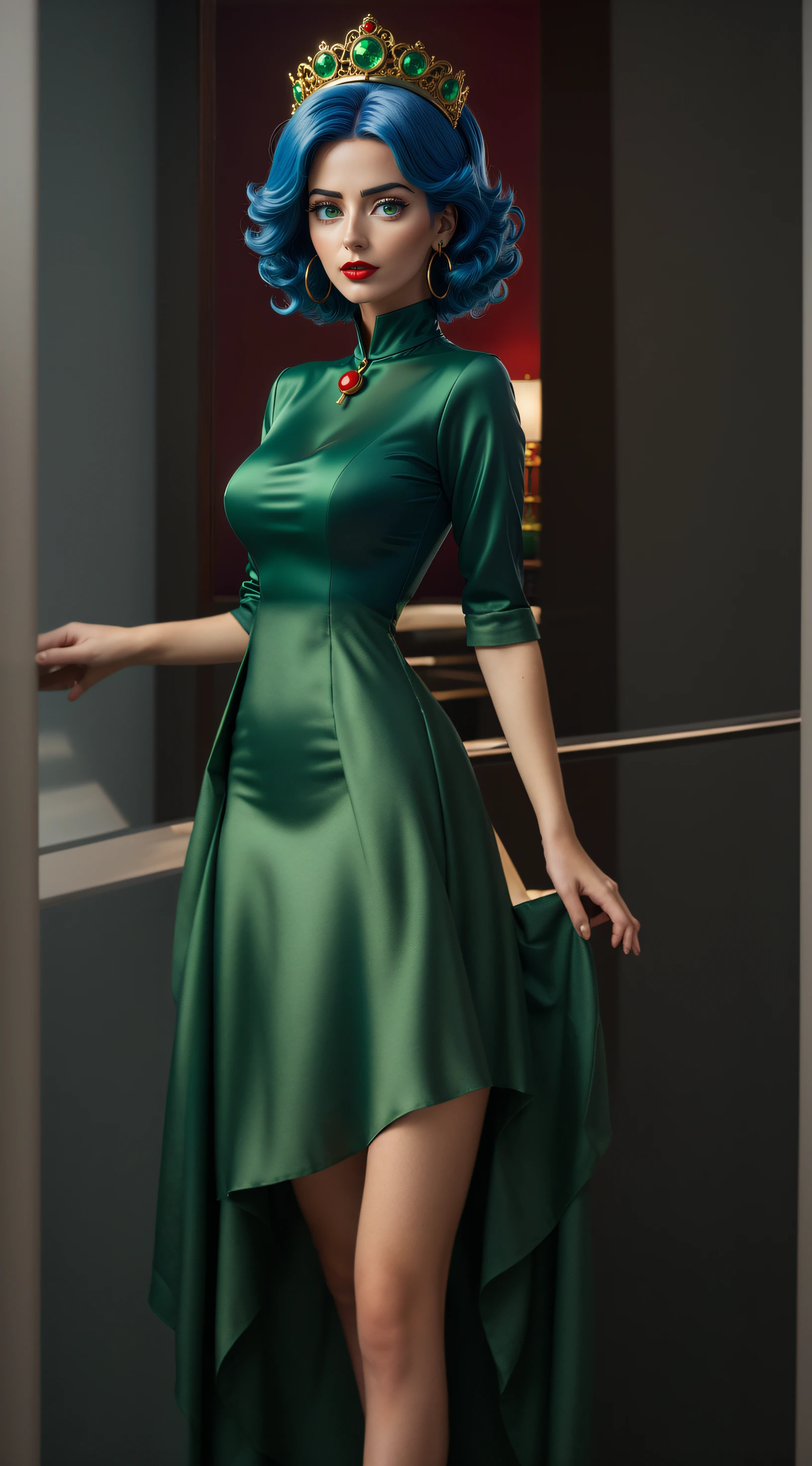 a beautiful woman, wearing a greend dress