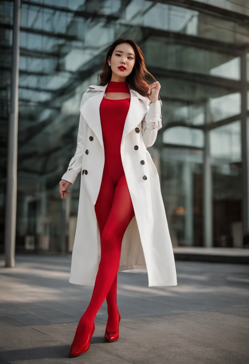 wallpaper hd，(((One was wearing a long white trench coat，Chinese 25-year-old model woman in red tights underneath，posed for photo))), , Long white coat，Slender and fair thighs：1.3，(((Plump breasts)))，black heels, warm color clothes, (((Realistic detail expressions：1.3)))，Sony SLR lens，Master masterpieces，Shoot at medium distance，电影灯光，hyper qualit
