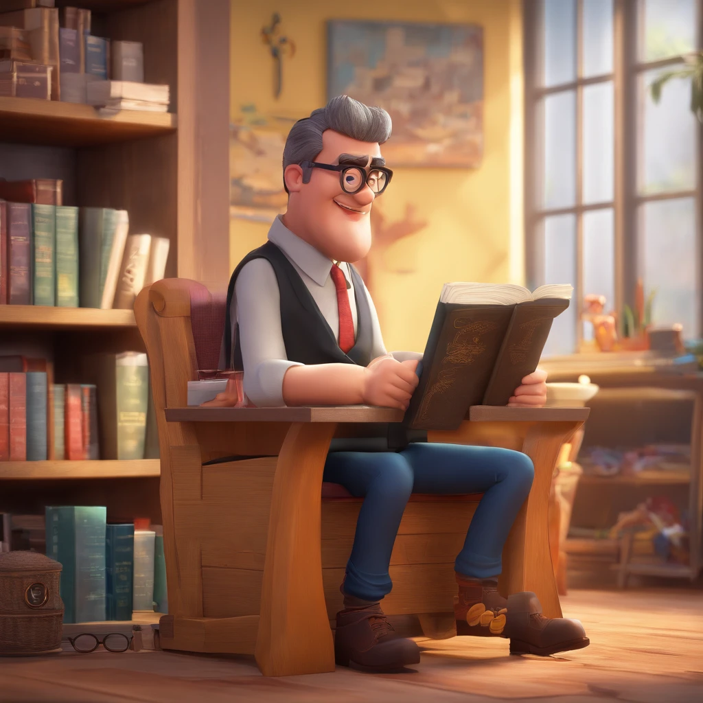Create a Disney Pixar-inspired poster featuring the character of Pastor Rubens Janier, Un hombre de pelo gris con gafas, en una oficina con una Biblia en el escritorio