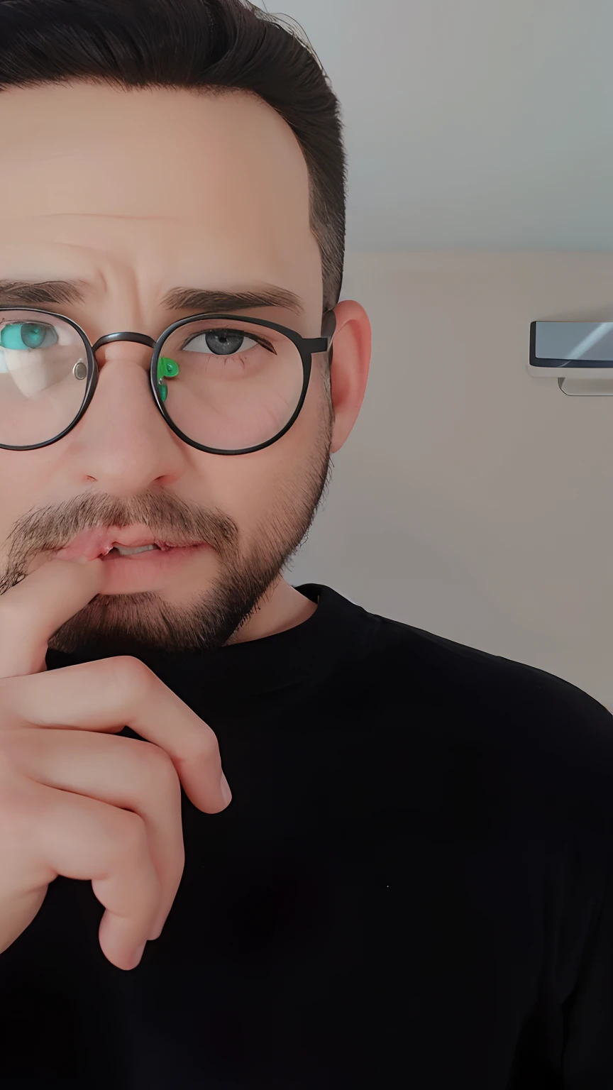 Homem branco 30 anos,de barba rala, wears glasses, olhos castanhos e firme, Eyeglasses, Feliz