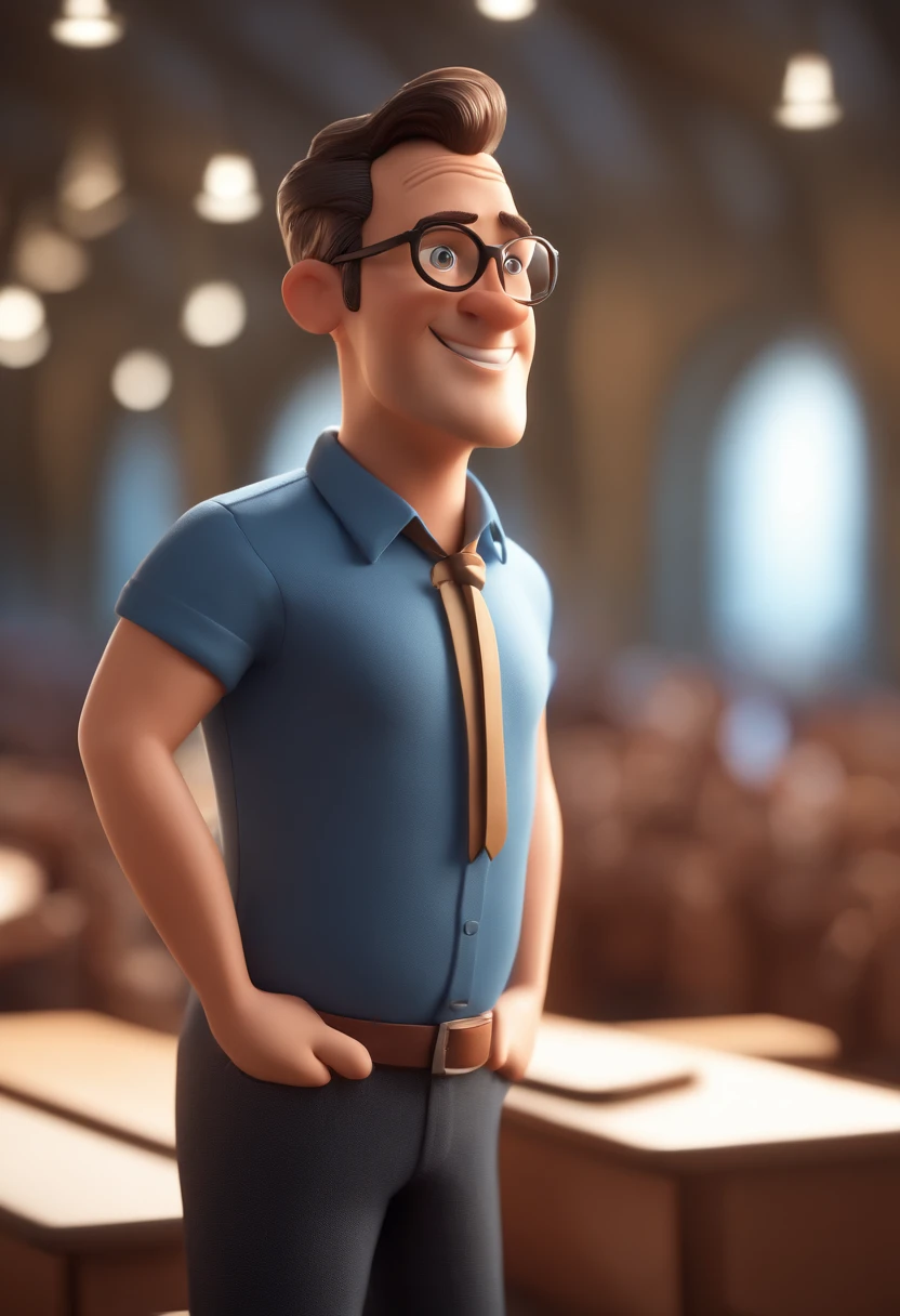 Cartoon character of a man with black glasses and a blue shirt, animation character, Caractere estilizado, animation style rendering, 3D estilizado, Arnold Maya render, 3 d render stylized, toon render keyshot, Personagem 3D, Personagem 3D, 3d rendering stylized, 3 d character render, personagem de desenho animado, Personagem de close up, Pose de personagem, (Estilo Pixar) (master part:1.2) (Bokeh) (best quality) (pele detalhada) (textura detalhada) (8k) (argila) (Cinematic lighting) (Sharp focus pastor preaching in church