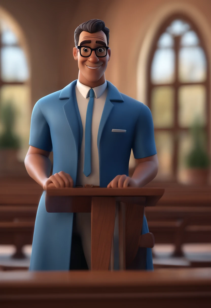 Cartoon character of a man with black glasses and a blue shirt, animation character, Caractere estilizado, animation style rendering, 3D estilizado, Arnold Maya render, 3 d render stylized, toon render keyshot, Personagem 3D, Personagem 3D, 3d rendering stylized, 3 d character render, personagem de desenho animado, Personagem de close up, Pose de personagem, (Estilo Pixar) (master part:1.2) (Bokeh) (best quality) (pele detalhada) (textura detalhada) (8k) (argila) (Cinematic lighting) (Sharp focus pastor preaching in church