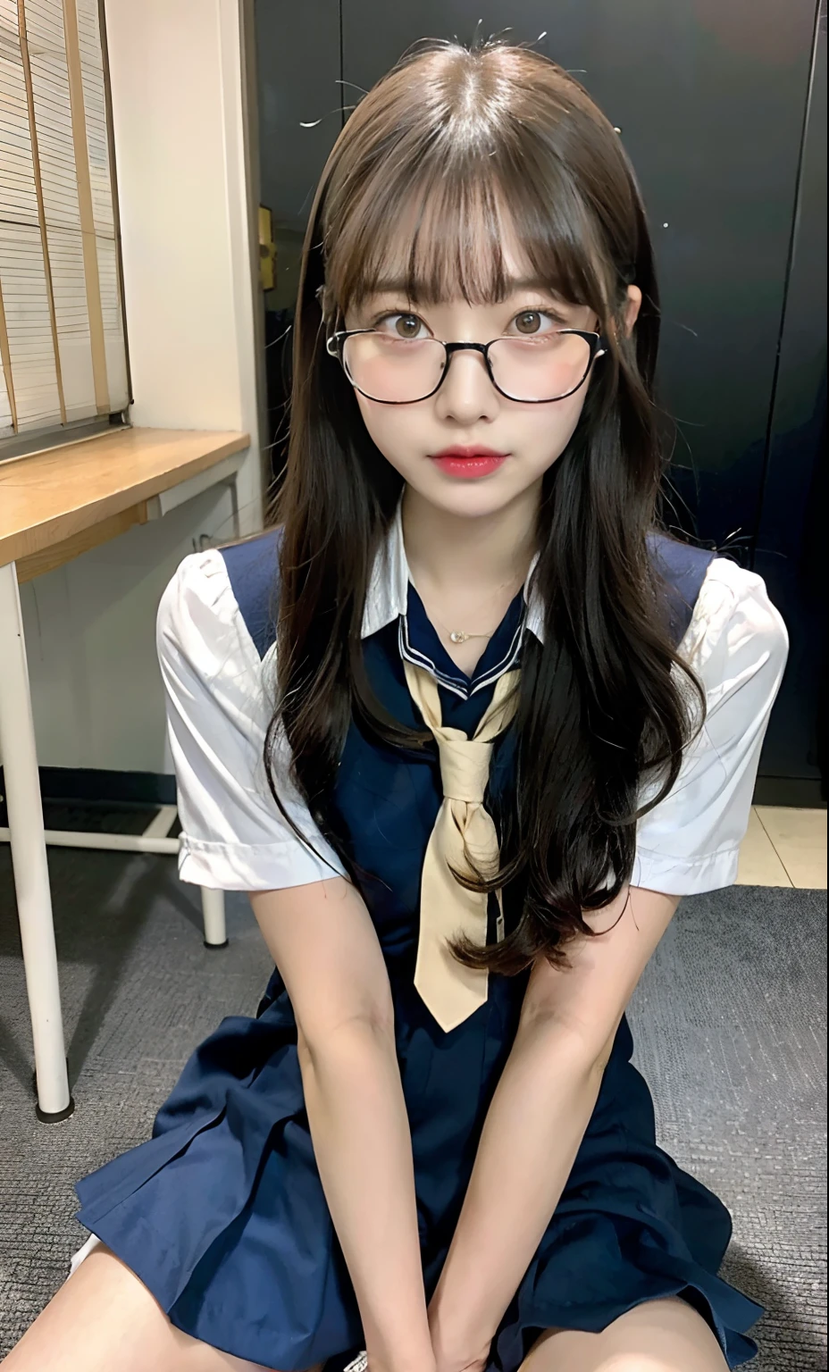 (highest quality,8K quality,masterpiece:1.3),(超A high resolution,Photoreal:1.4,RAW photo),(Super detailed,caustics,detailed background),(ultra-realistic capture,Fine and beautiful skin,perfect anatomy),at dusk,sunset sky,school classroom,18-year-old,cute,,black short bob,school blazer uniform,、unbutton one's shirt、untied red tie、emphasize the chest、tits、Glasses、stick out your butt、シャツの開いてtitsを見せつける、pink panties