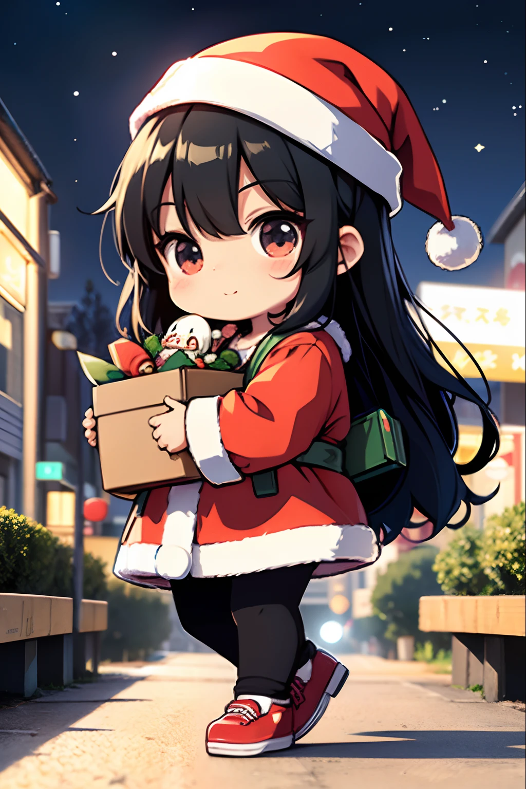 Santa Claus happily carrying presents、Santa is a pretty girl、Chibi Doll、Stars in the eyes(kirakira)、Eye Up、Long black hair、Laugh、Cute red shoes、foco nítido, Ultra Detail, radiant light、bio luminescent、Taken from the side、Stronger bokeh effect