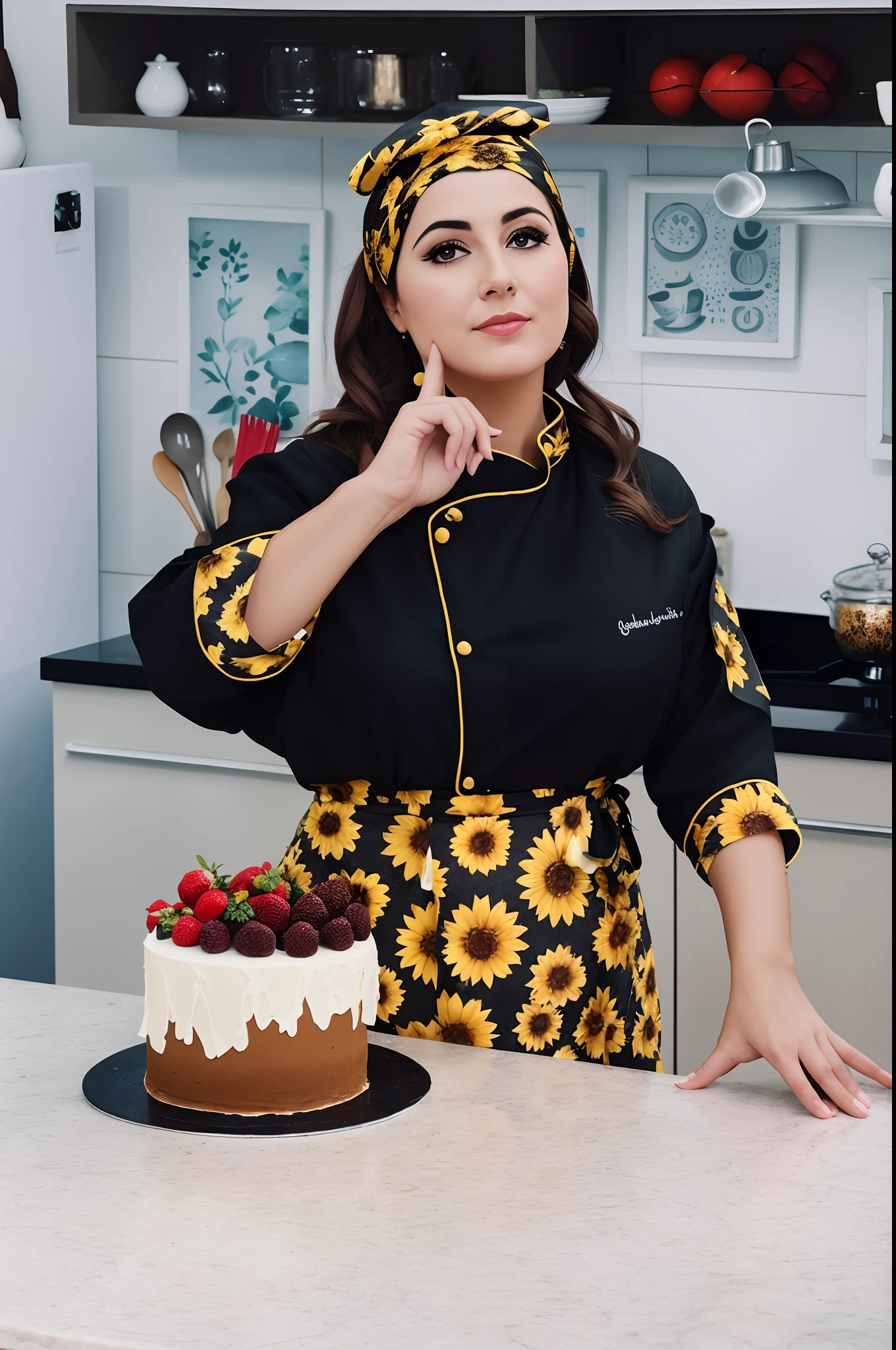 Woman in black and yellow dress standing in kitchen with cake, cooking show, vestido como um chef pasteleiro, inspired by Dóra Keresztes, inspired by Gina Pellón, inspirado em Maria Helena Vieira da Silva, inspirado em Lucia Peka, inspired by Glòria Muñoz, inspired by Antônio Parreiras
