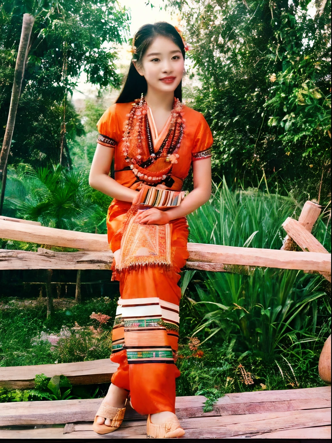 arafed woman in orange dress sitting on a wooden bench, sukhothai costume, traditional beauty, wearing authentic attire, traditional dress, wearing traditional garb, wearing an elegant tribal outfit, traditional clothes, traditional costume, traditional clothing, traditional tai costume, traditional, tribal clothing, nuttavut baiphowongse, assamese aesthetic