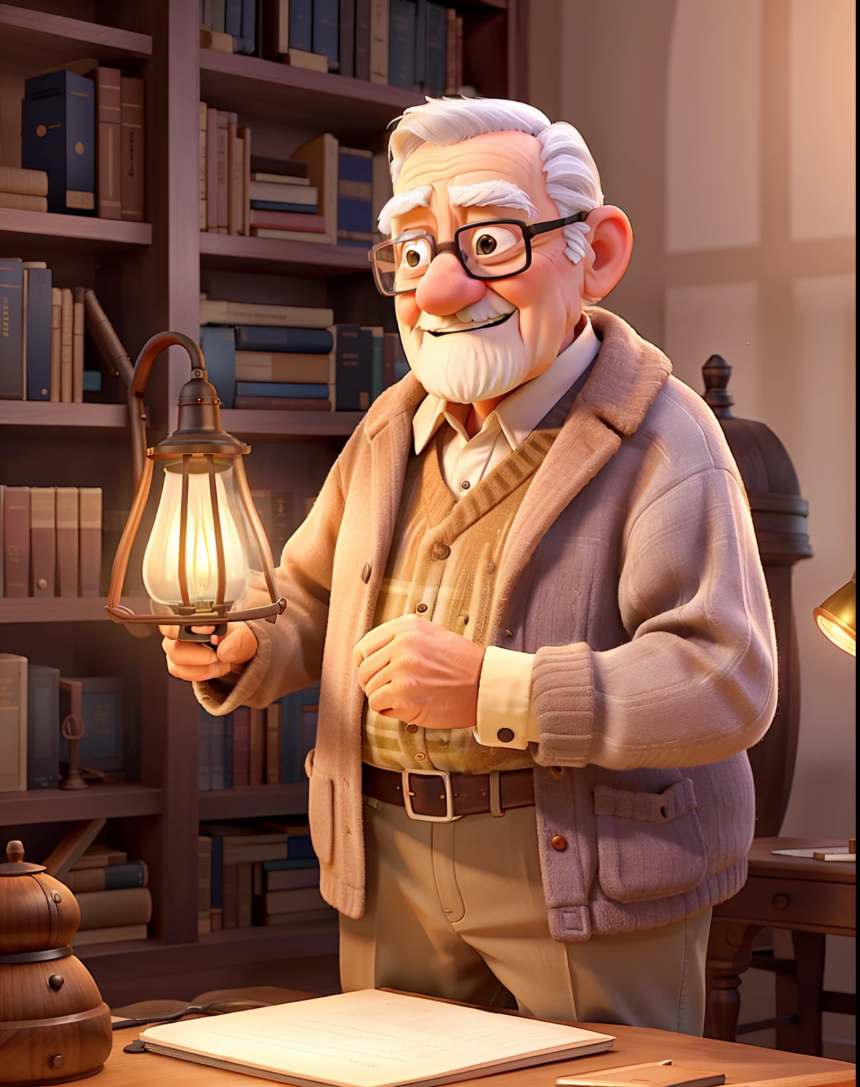 A wise old man standing in front, illuminated by the light of a lamp, against the backdrop of a library