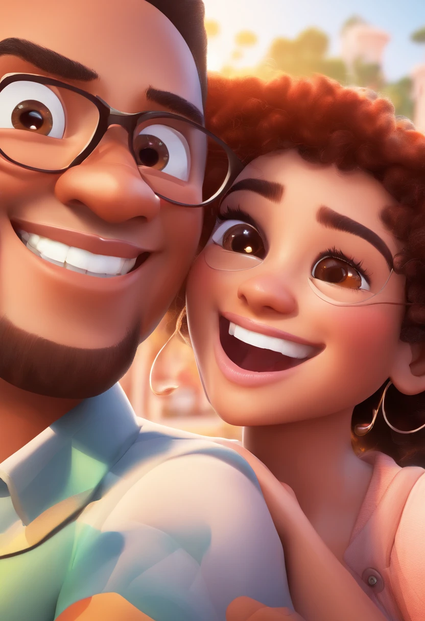 An illustration of an adorable couple, Highlight for a chubby mulatto man with glasses smiling and a brunette woman with beautiful expressive eyes - the man's skin is mulatto and the man's hair haswhile the woman's skin is black and the woman's hair is straight and brown. They are a bright room, cada um com um sorriso no rosto, e compartilhar um momento especial caracterizado pelo amor, Insights. Illustrate this scene from a perspective where they are facing the camera, Smiling and Showing Your Connection. Desenvolva esta arte em Full HD, Focus on your cinematic touch, Estilo Disney Pixar Animations