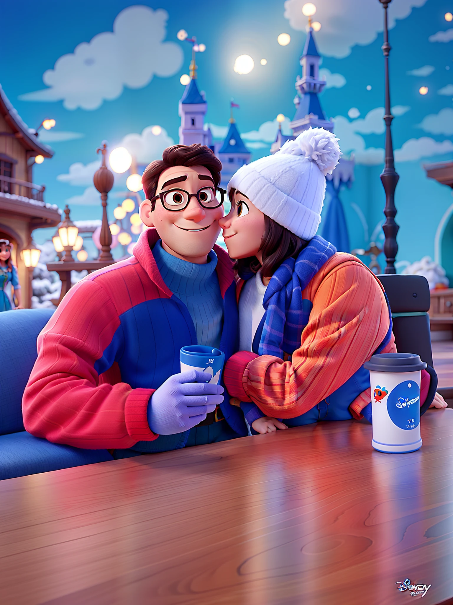 Crie um poster no estilo Disney Pixar, casal com trajes de neve,