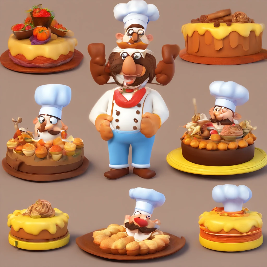 Crie uma cena de desenho animado  estilo 3d -Pixar, Onde uma homem, de cabelos lisos grisalho e com barba com 40 anos de idade, Men cake dressed as a pastry chef.