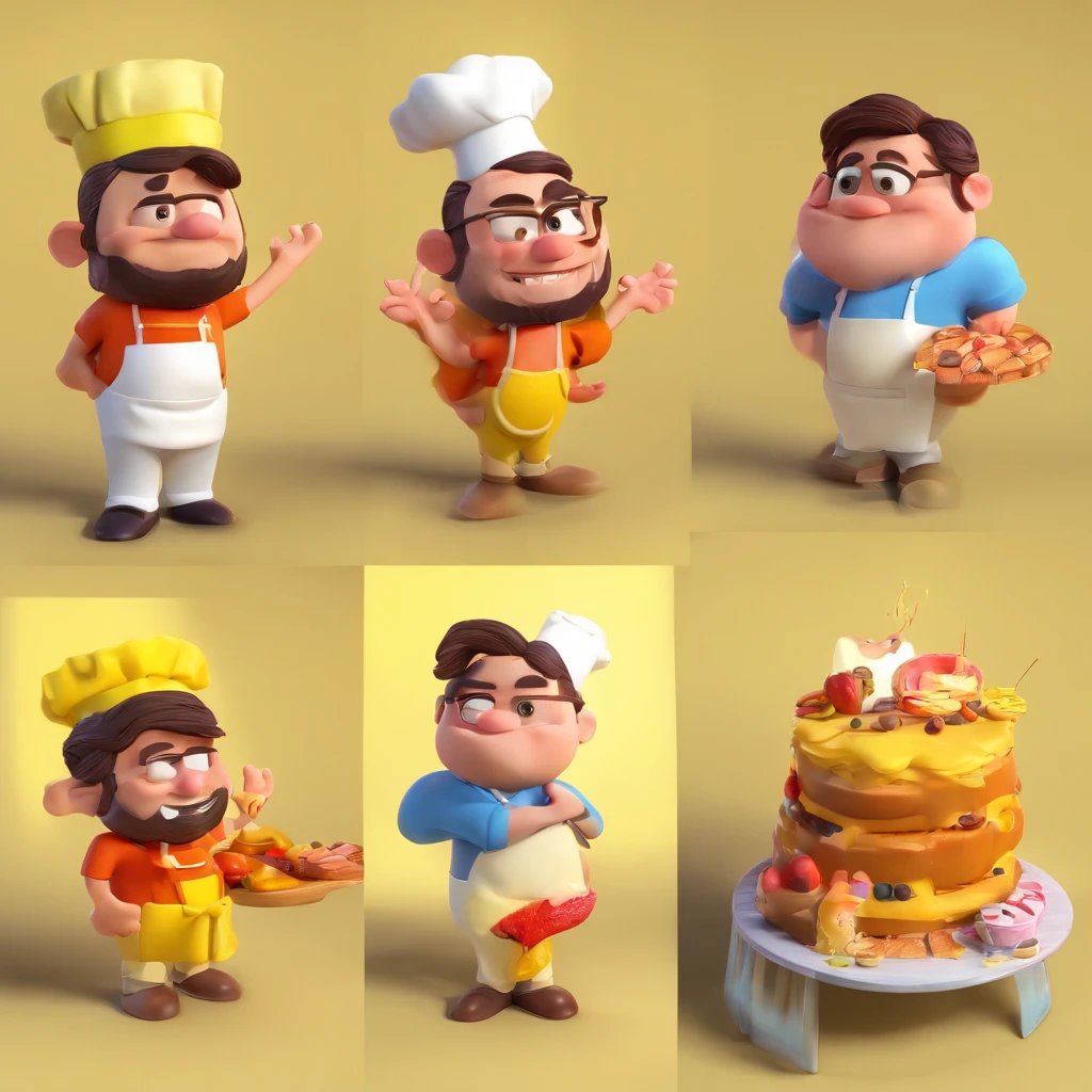 Crie uma cena de desenho animado  estilo 3d -Pixar, Onde uma homem, de cabelos lisos grisalho e com barba com 40 anos de idade, Men cake dressed as a pastry chef.