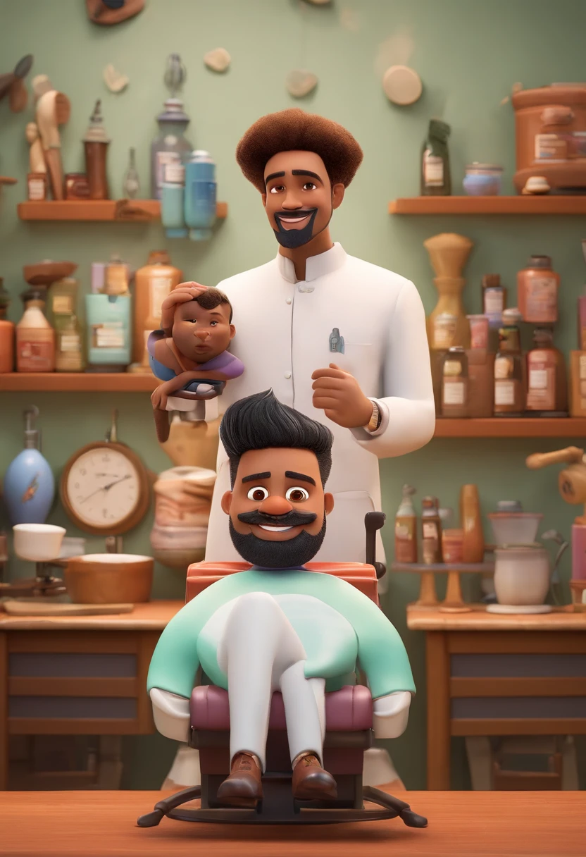 A Dream Barber Inspired by Pixar Animation, de perto. The character takes center stage with captivating facial expressions, oferecendo um toque de irrealidade, Cabelo curto e gordinho gradiente