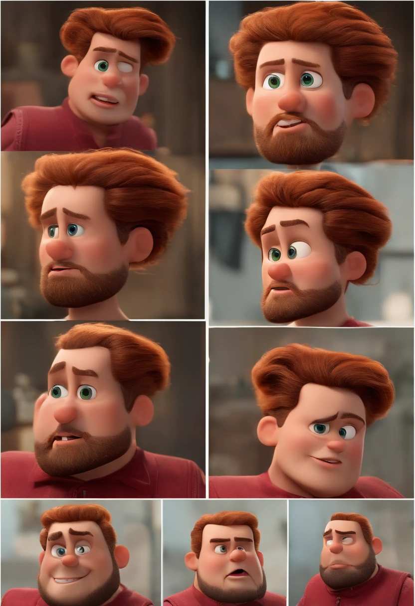 A Dream Barber Inspired by Pixar Animation, de perto. The character takes center stage with captivating facial expressions, oferecendo um toque de irrealidade, Cabelo curto e gordinho gradiente