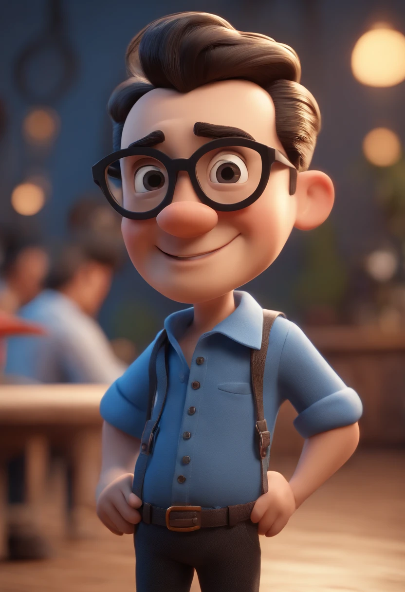 Cartoon character of a man wearing black glasses and a blue shirt, an animated character, stylized character, animation style render, Stylized 3 D, arnold maya render, 3 d render stylized, toon render keyshot, 3d character, 3 d character, stylized 3d render, 3 d character render, cartoon character, close up character, character posing, (Pixar style) (Masterpiece:1.2) (Bokeh) (Best quality) (Detailed skin) (Detailed texture) (8K) (Clay) (Cinematic lighting) (Sharp focus,Sits and leaks the upper body