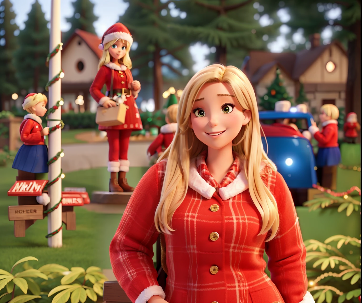 Tall curvy young blonde woman with brown eyes smiling at christmas