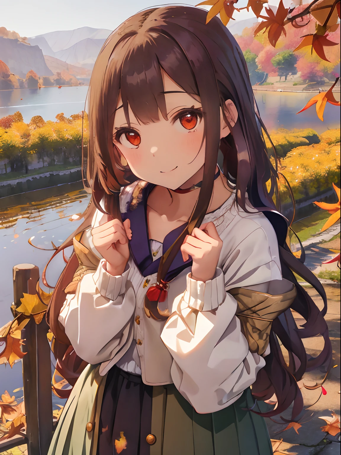 fluffy long hair,No bangs,Braids,Autumn outfit,The sleeves of the clothes are a little long,Chest wide open,Moe Sleeve,Lots of nature around the lakeside,The tree々Autumn leaves in autumn,Fruit Accessories(Grapes,muscat),Upper Eyes,Leaning forward、Take a prayer pose,red tide,delighted expression,