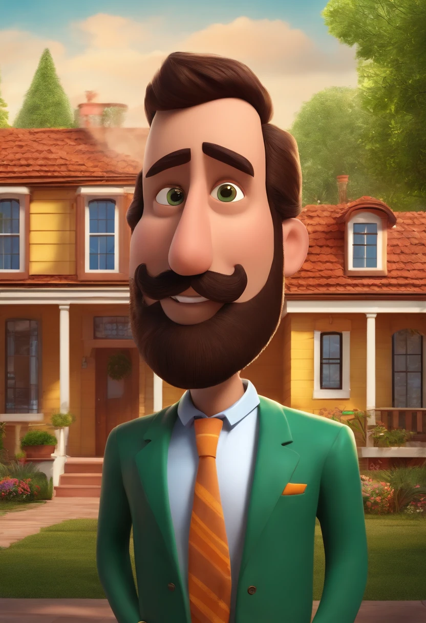Image of a real estate agent in pixar style, ele e um bom vendedor, He is cauvo and has a beard .