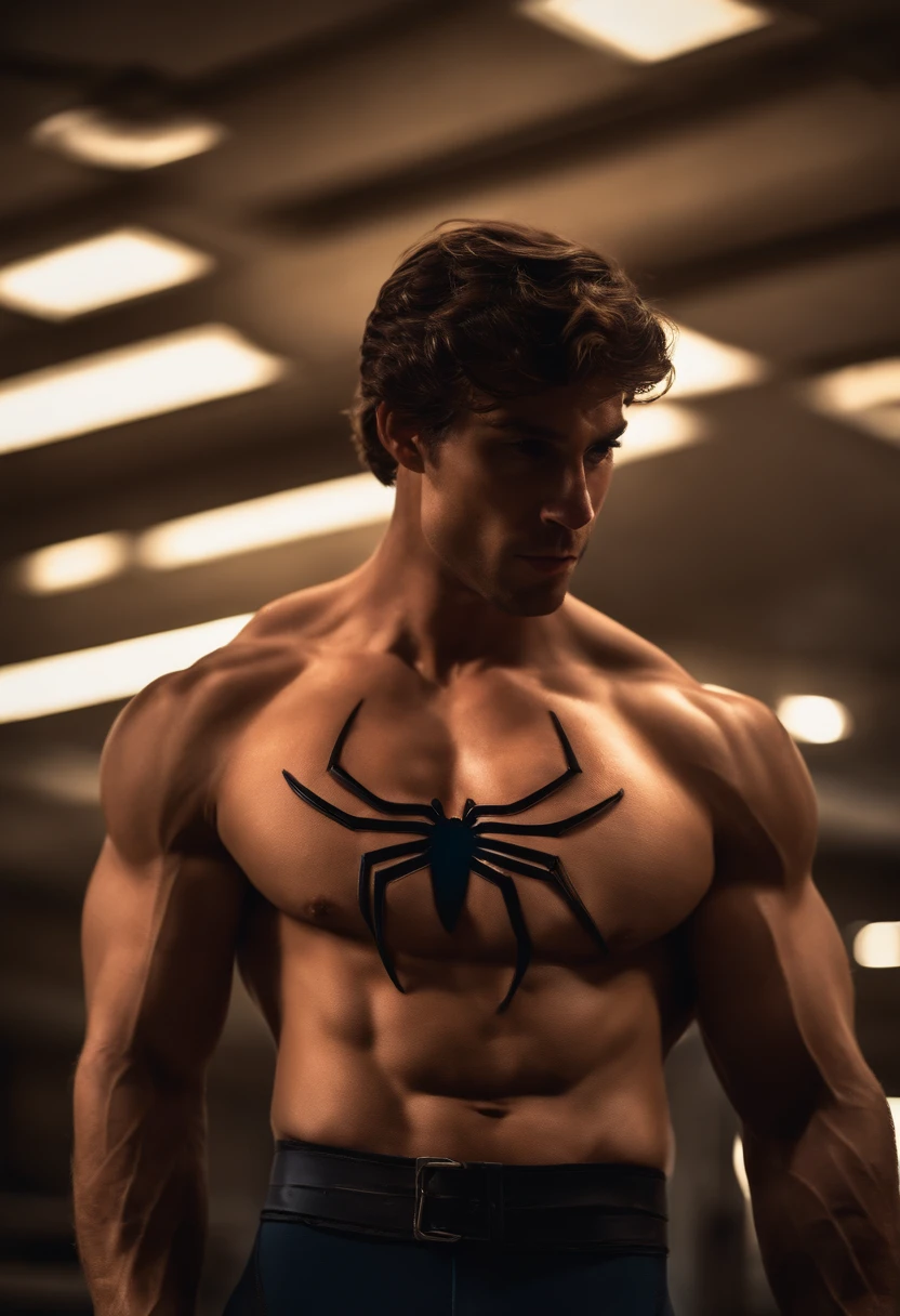 spiderman,sexy,artistic nude,large penis,hung,posed,sensual,emphasis on muscles,shredded body,confident,heroic pose,bulging veins,tight costume,shiny texture,detailed anatomy,dramatic lighting,intense shadows,vibrant colors,masterpiece:1.2