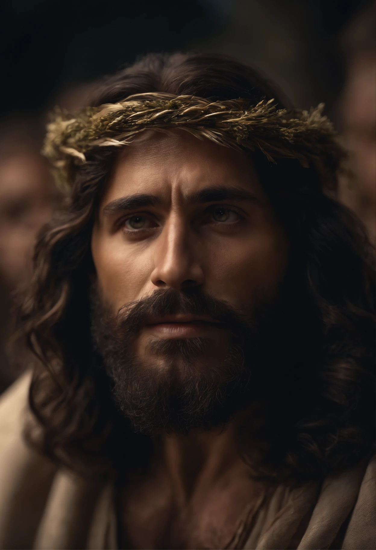 "Close-up ultra-realista em 8k de Jesus Cristo, com cabelos compridos e barba."