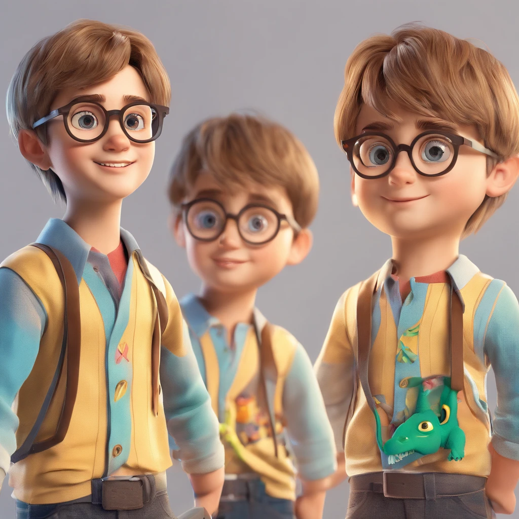 Arthur tem 8 anos 1,35m slim with blond hair with bangs a round blue Harry Potter style glasses a beautiful smile and likes dinosaur shirt and likes clothes with jeans and Jordan sneakers