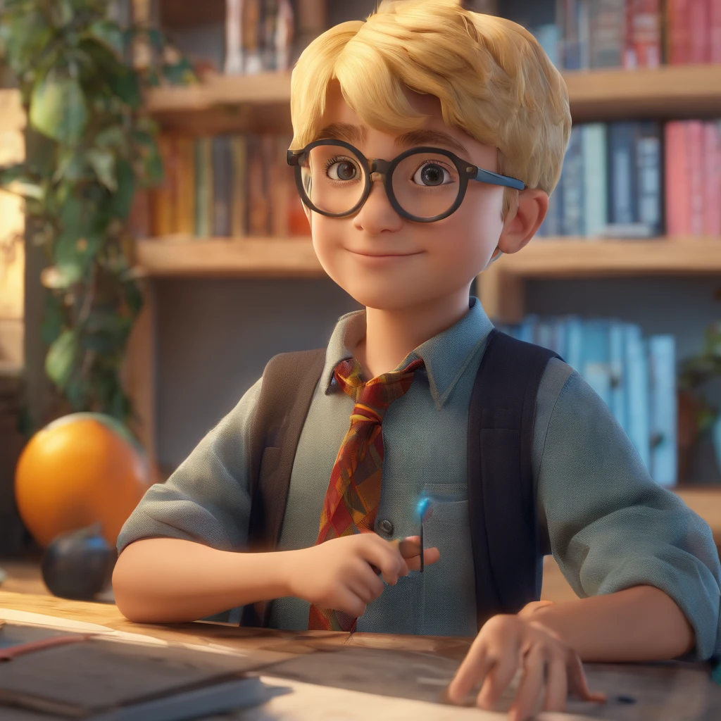 Arthur tem 8 anos 1,35m slim with blond hair with bangs a round blue Harry Potter style glasses a beautiful smile and likes dinosaur shirt and likes clothes with jeans and Jordan sneakers