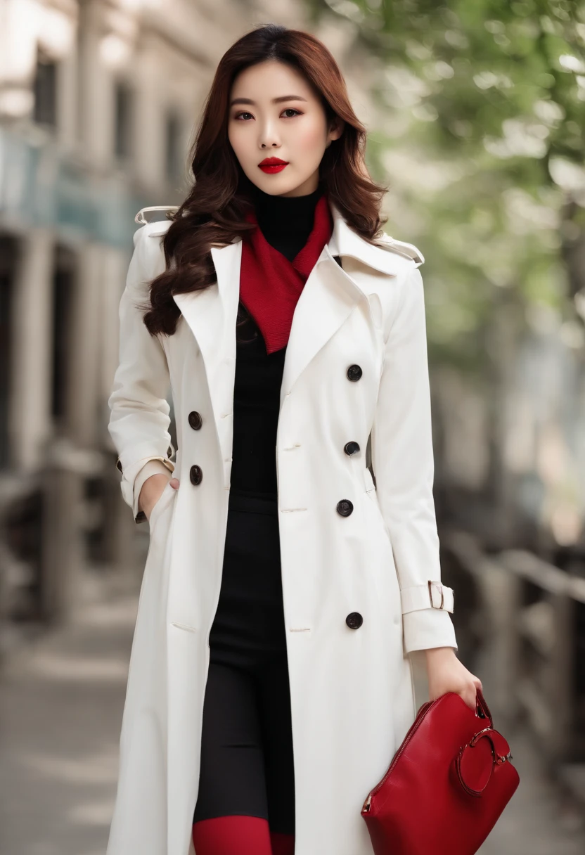 wallpaper hd,(((A Chinese 25-year-old model woman wearing a long white trench coat and red tights underneath poses for a photo))), ,Clear face,Thin lips,Lilac lipstick, Long white coat,Slender and fair thighs:1.3,(((Plump breasts))),black heels, warm color clothes, (((Realistic detail expressions:1.3))),Sony SLR lens,Master masterpieces,Shoot at medium distance,电影灯光,hyper qualit
