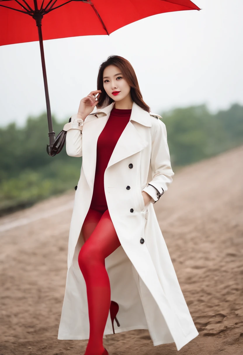 wallpaper hd，(((A Chinese 25-year-old model woman wearing a long white trench coat and red tights underneath poses for a photo))), ,Clear face，Thin lips，Lilac lipstick， Long white coat，Slender and fair thighs：1.3，(((Plump breasts)))，black heels, warm color clothes, (((Realistic detail expressions：1.3)))，Sony SLR lens，Master masterpieces，Shoot at medium distance，电影灯光，hyper qualit