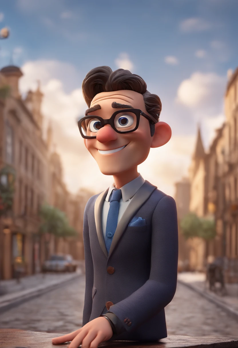 Cartoon character of a man with black glasses and a blue shirt, animation character, Caractere estilizado, animation style rendering, 3D estilizado, Arnold Maya render, 3 d render stylized, toon render keyshot, Personagem 3D, Personagem 3D, 3d rendering stylized, 3 d character render, personagem de desenho animado, Personagem de close up, Pose de personagem, (Estilo Pixar) (master part:1.2) (Bokeh) (best quality) (pele detalhada) (textura detalhada) (8k) (argila) (Cinematic lighting) (foco nítido
