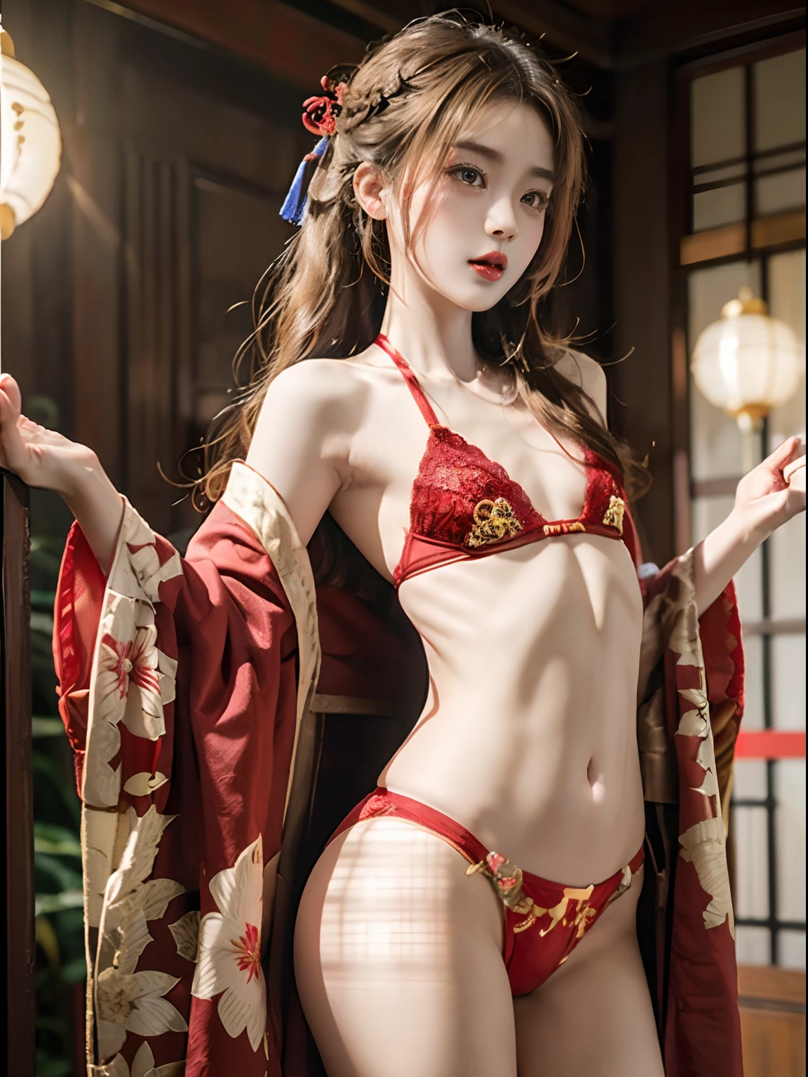 (top-quality), Realistic, (real picture, Intricate details), ((Japanese college girl standing in Chinese royal palace at late night)), ((arms open wide)), ((wearing red Chinese robe, open front of red Chinese robe, red lace bra, red thong panties)), Fair skin, (blonde hair:1.2, wavy long hair, updo hairstyle), gorgeous hair accessories, (neat face, parted lips:1.3, red lips), (((small chest:1.3))), thighs, crotch, hard lighting:1.3, front view shot
