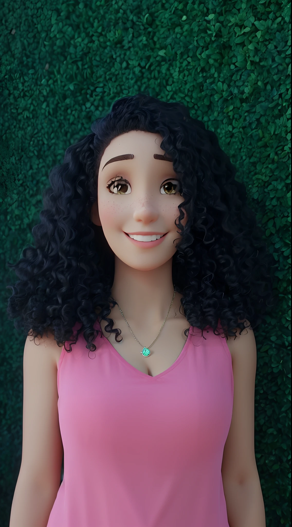Smiling woman with curly hair standing in front of a wall, foto de perfil , cabelo encaracolado preto, cabelos cacheados, longos cabelos cacheados pretos selvagens, afro encaracolado, mixed race woman, pele clara, cabelos negros cacheados, bonita, morena, brasileira, Pixar style, Brazilian woman, beautiful